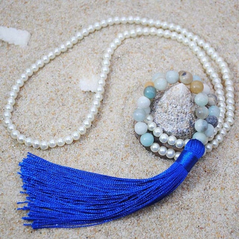 Natural Stone Beaded Tassel Necklace