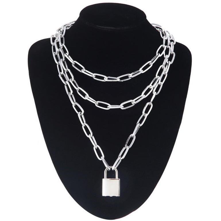 Layered punk chain necklace lock pendant necklace women men choker metal padlock chains goth jewelry grunge aesthetic accessory