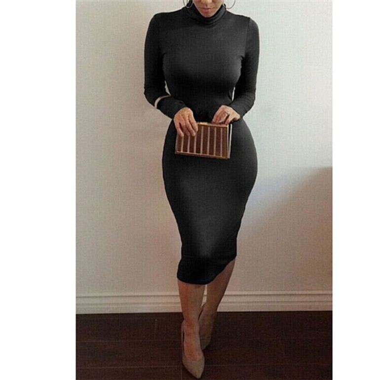 Women's Long Sleeve Turtle Neck Slim Hip Bodycon Dress