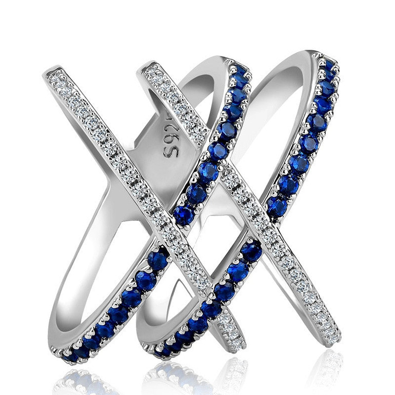 Fashion Ring 925 Silver Jewelry with Sapphire Zircon Gemstones Double Cross shaped Ring for Women Wedding Party Gifts