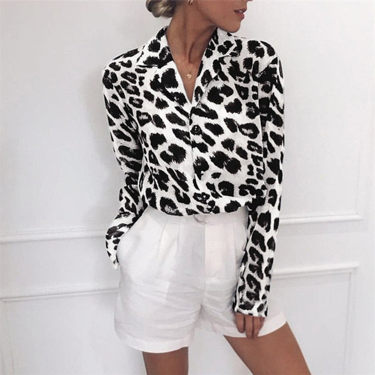 Chiffon Blouse Long Sleeve Sexy Leopard Print Blouse Turn Down Collar Lady Office