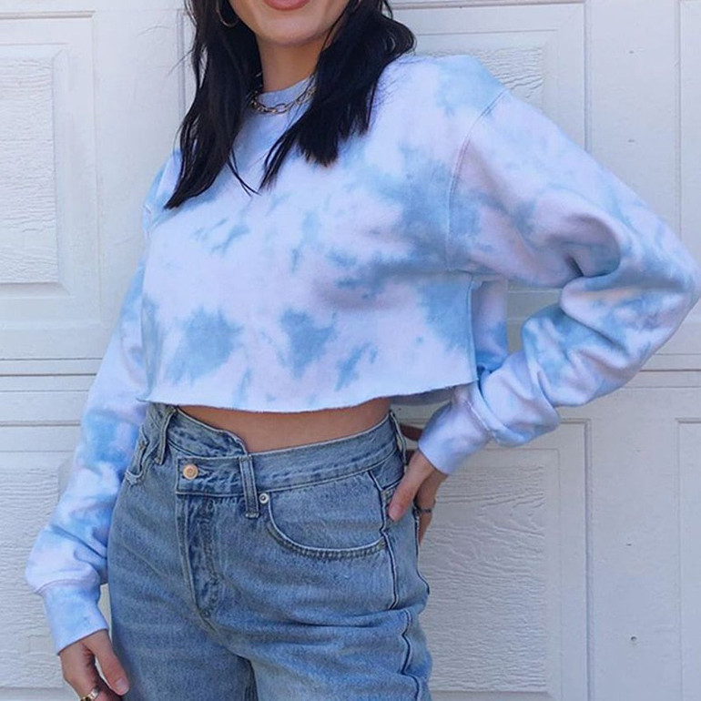 Tie Dye Printed Long Sleeve Sweatshirt Women Casual Loose Crop Top