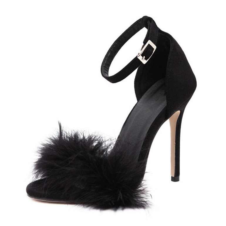Women Shoes Sandals Heels Shoes Sandals Woman Pumps Fur Leather Fashion High Heels Shoes Ankle Buckle Strap Party Sexy Shoes