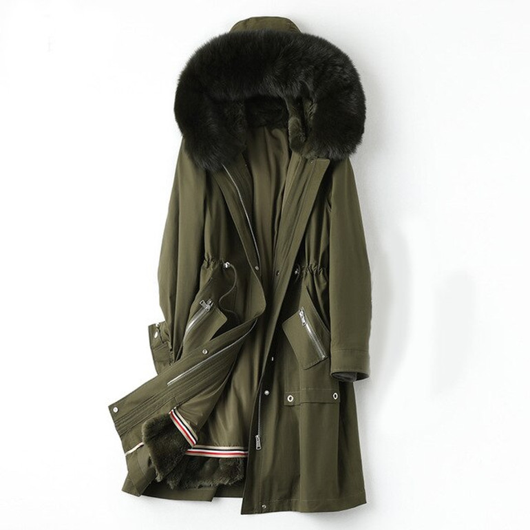 Pudi women real fox fur collar coat jacket parka female rex rabbit liner long fur parka trench A10008