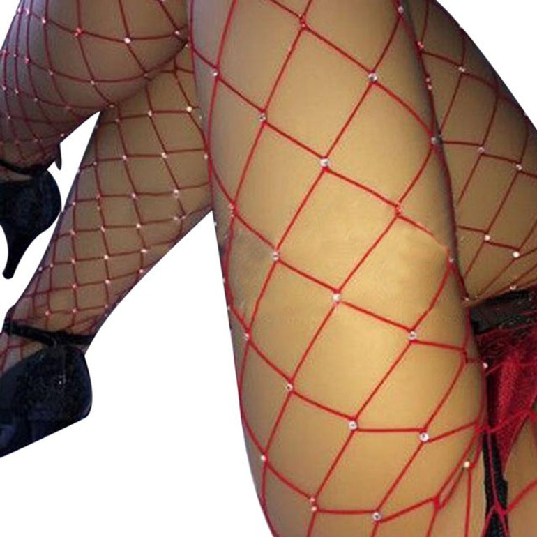High Waist Rhinestone Fishnet Elastic Stockings Fish Net Tights