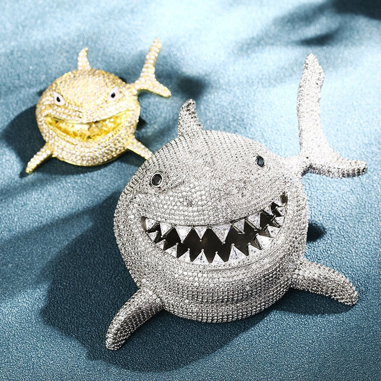 Shark Pendant Necklace Full Of Crystal Bling CZ Stone For Men's Hip Hop