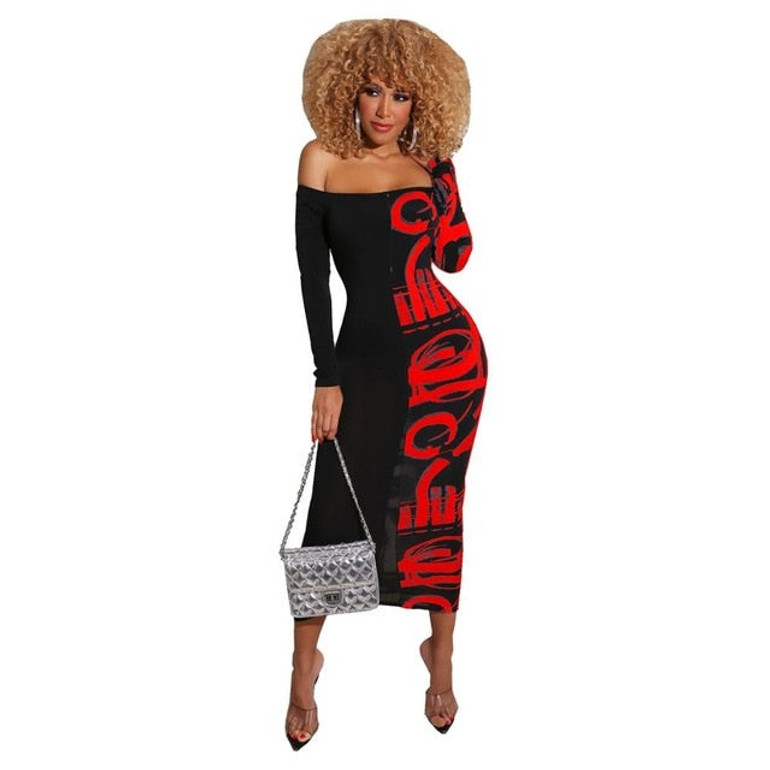 Fashion Letter Print Maxi Long Dress Women Sexy Off Shoudler Skinny Bodycon Dresses Club Vestidos 2020 Summer Women Clothes