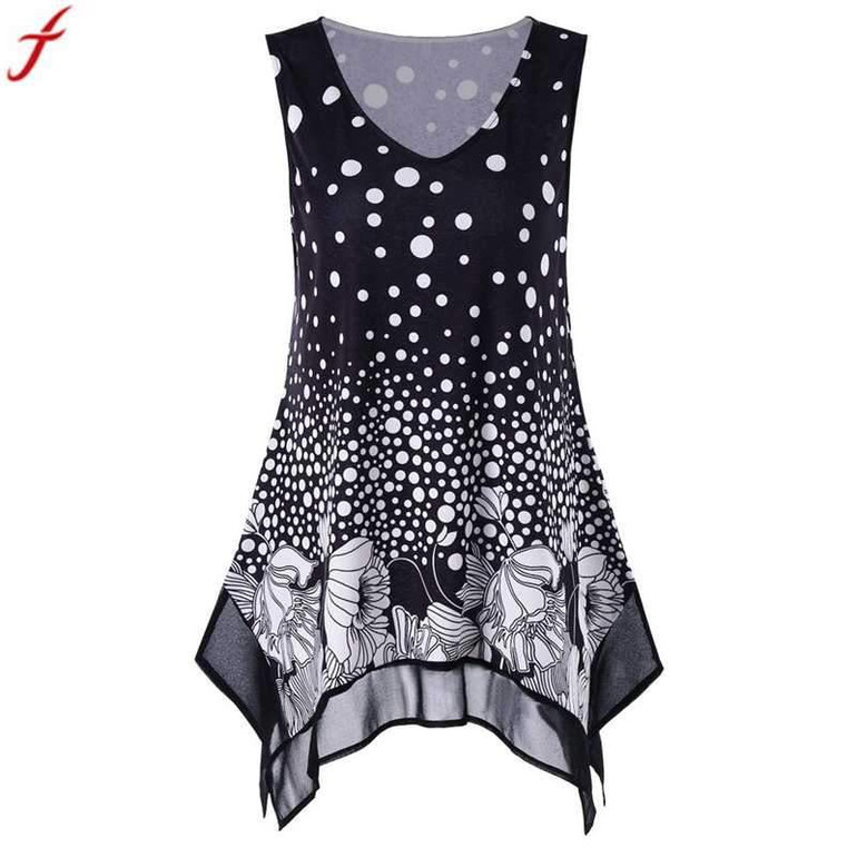 2018 Summer Harajuku T Shirt Women Dot Print Asymmetrical Vest Tank Tops Fashion V-Neck Sleeveless T- Shirt Women Casual Tops