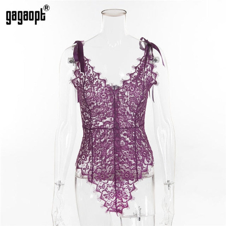 Gagaopt 5 Colors Lace Bodysuit Women Floral Embroidery Elegant Bow Ladies Sexy Bodysuit Jumpsuit Overalls Sleepwear