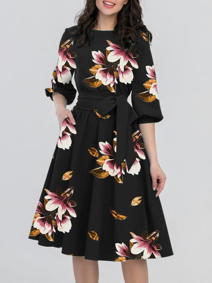 Round Neck  Belt  Floral Printed Skater Dress