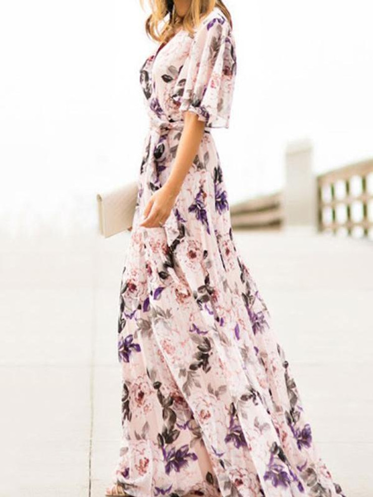 Sexy Short Sleeves Floral Print Vacation Maxi Dress