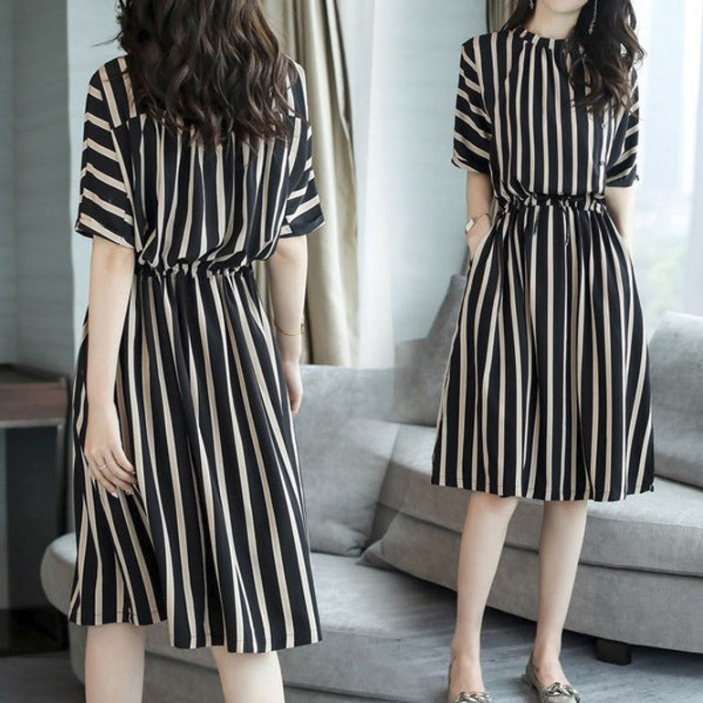 Vertical stripe five sleeve slim women's dress