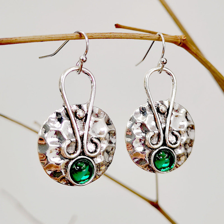 Boho Ethnic Circle Green Stone Drop Dangle Earrings - Native Tribal Women Vintage Earrings