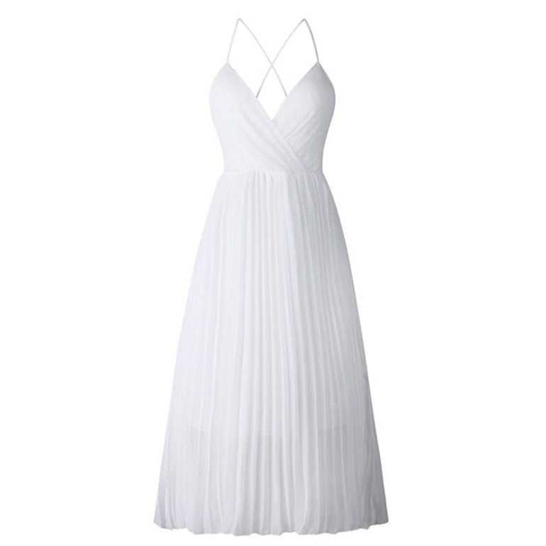 Elegant Spaghetti Strap Pleated Dress For Women  Summer V Neck Sexy Chiffon Dresses Beach Party White Vestidos