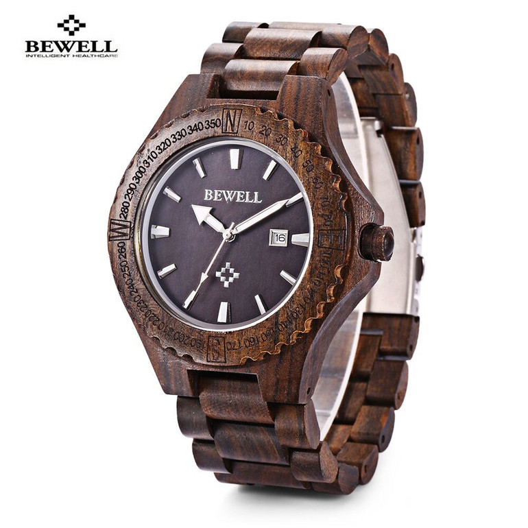 BEWELL Hot Sell Men Wood Watch Waterproof Quartz Watches Wooden Band Calendar Luxury Male Dress Watch Relogio Masculino