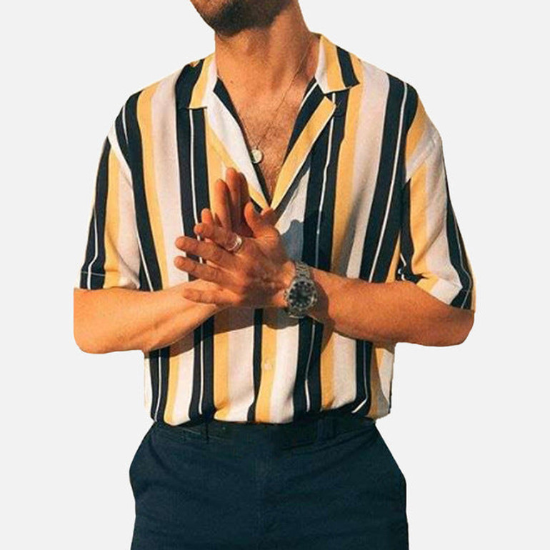 Mens Stripe Turn-down Collar Shirt Buttons Short Sleeve T-Shirt