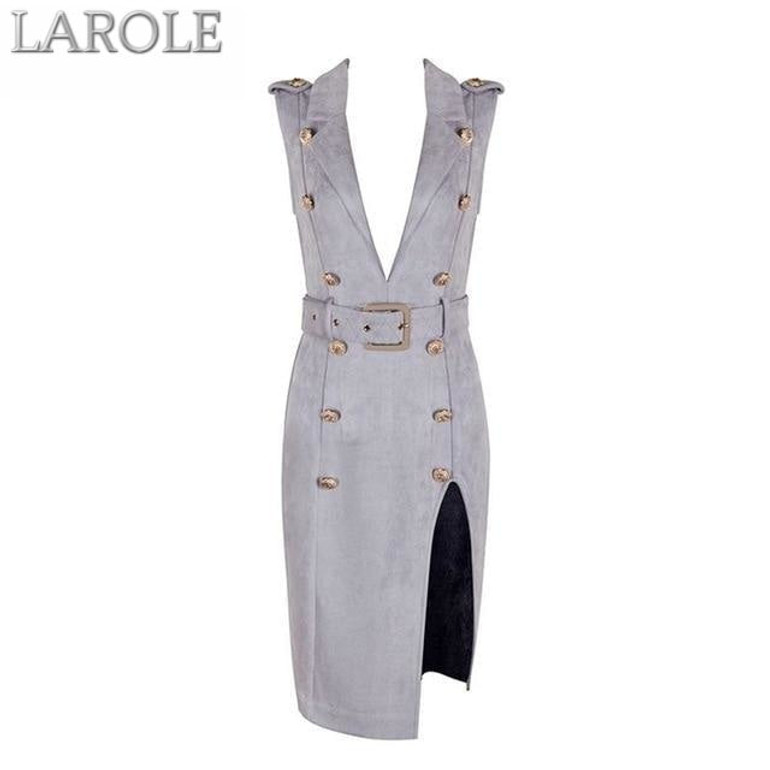 Bodycon Knee Length Dresses with Button Studded and Deep V Neck design