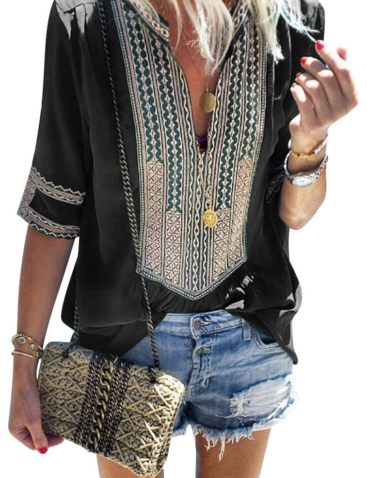 Women Casual Shirt V Neck Half Sleeve Stripes Boho Print Tops Blouse