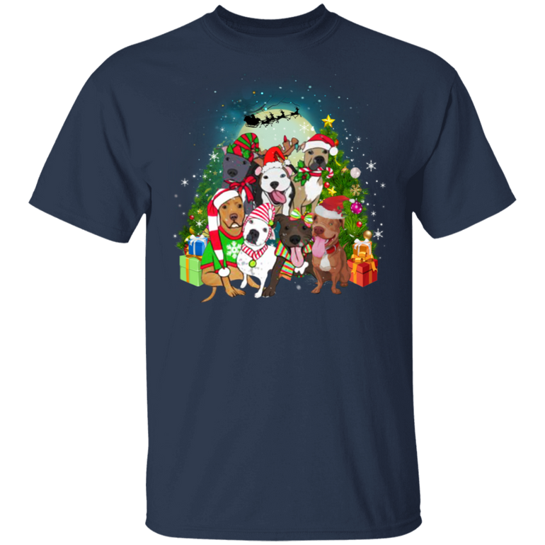 Pitbull With Santa Claus Hat Christmas Tree T-Shirt Xmas Idea Gifts For Dog Owner