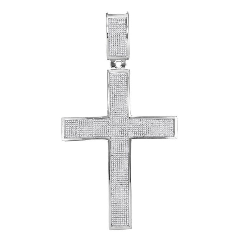 Men's Diamond Charm Pendant |  10kt White Gold Mens Round Diamond Roman Cross Charm Pendant 1-7/8 Cttw |  Splendid Jewellery