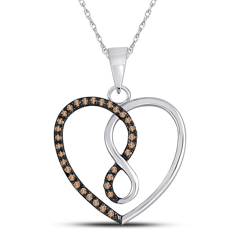 Diamond Heart & Love Symbol Pendant |  10kt White Gold Womens Round Brown Diamond Heart Infinity Pendant 1/8 Cttw |  Splendid Jewellery