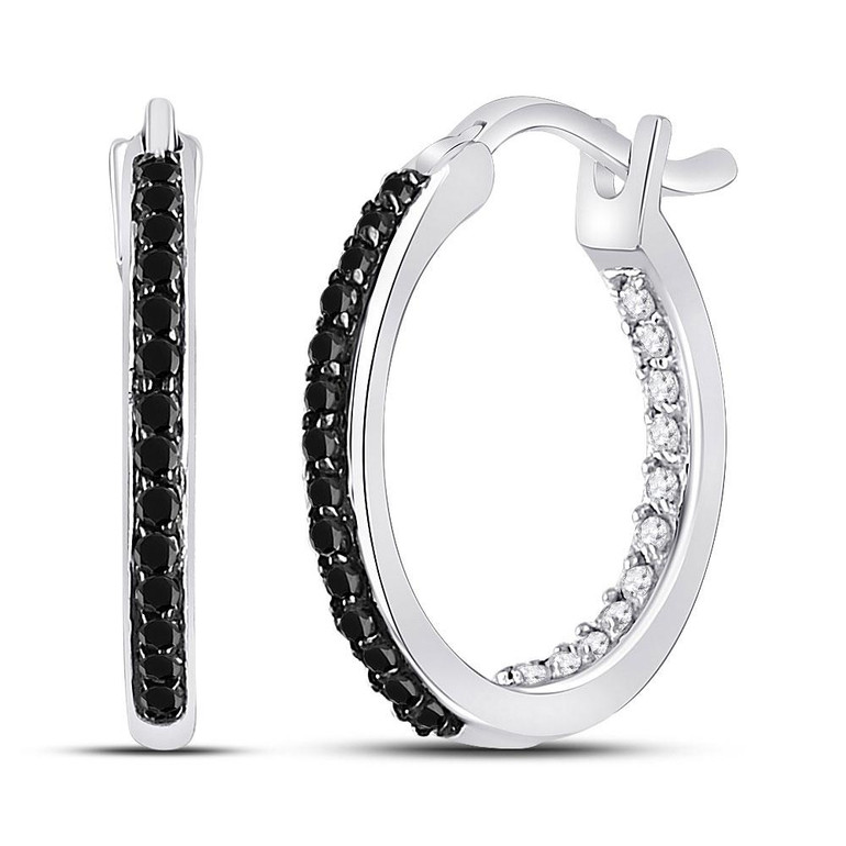 Earrings |  10kt White Gold Womens Round Black Color Enhanced Diamond Hoop Earrings 1/4 Cttw |  Splendid Jewellery