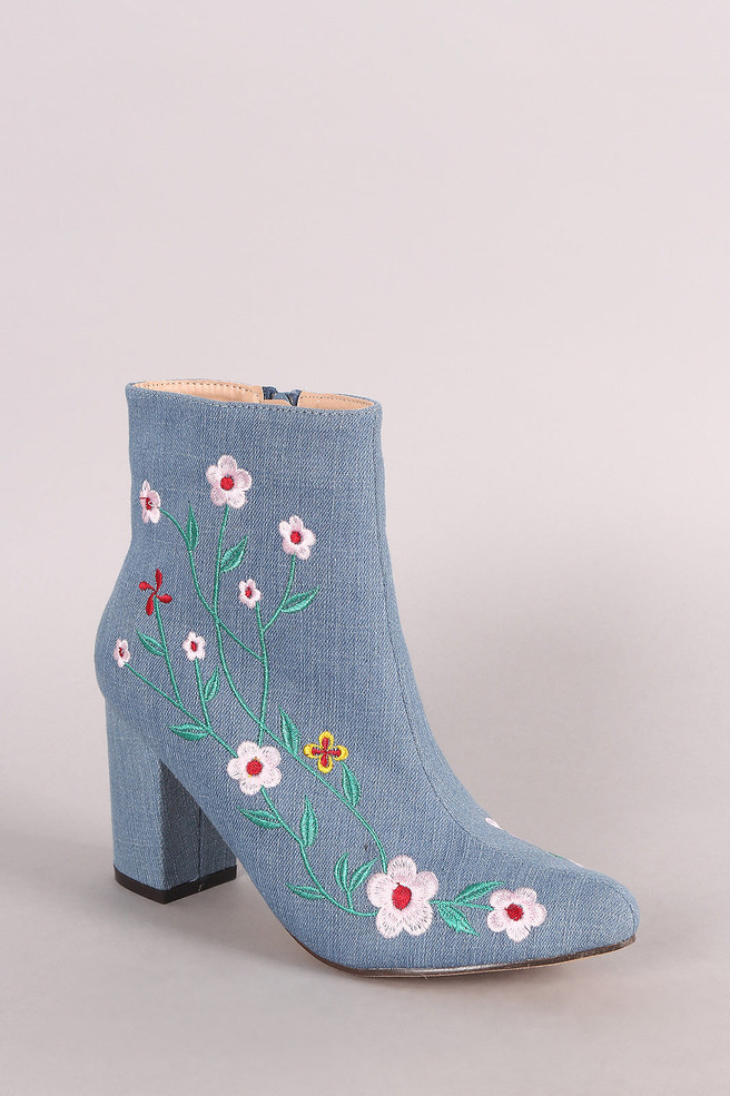 Denim Embroidered Floral Vines Chunky Heeled Booties