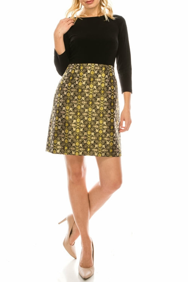 Boat Neck 3/4 Sleeve Solid Bodice Metallic Jacquard Dress. Lined. By