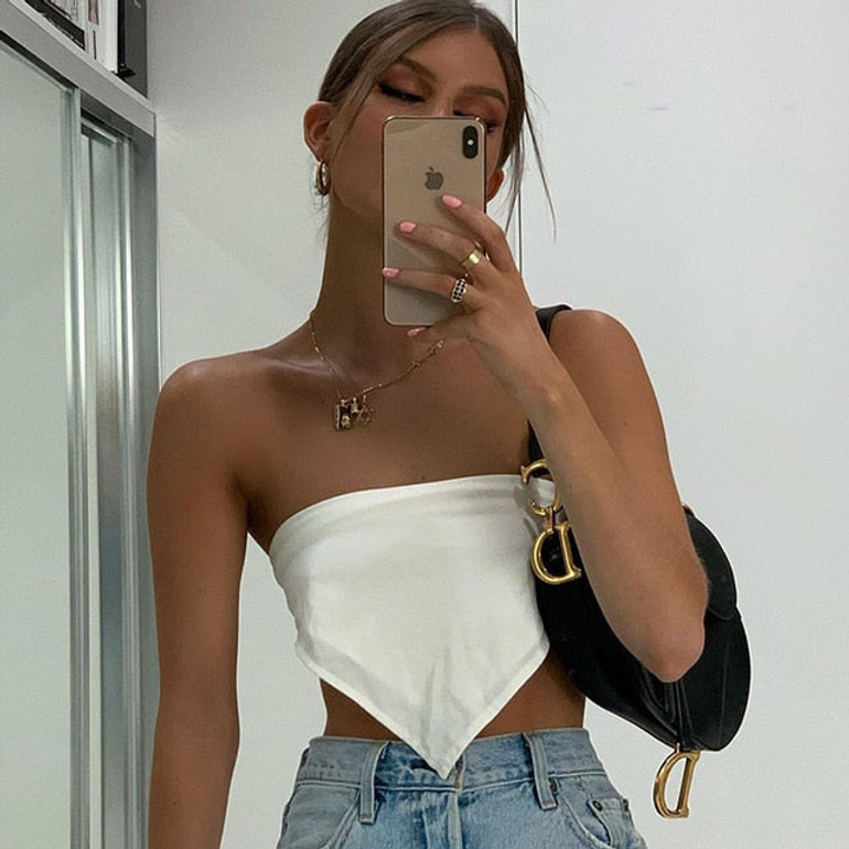 Cryptographic White Satin Summer Strapless Wrap Tube Crop Tops Women Sexy Backless Vest Underwear Cropped Top Streetwear