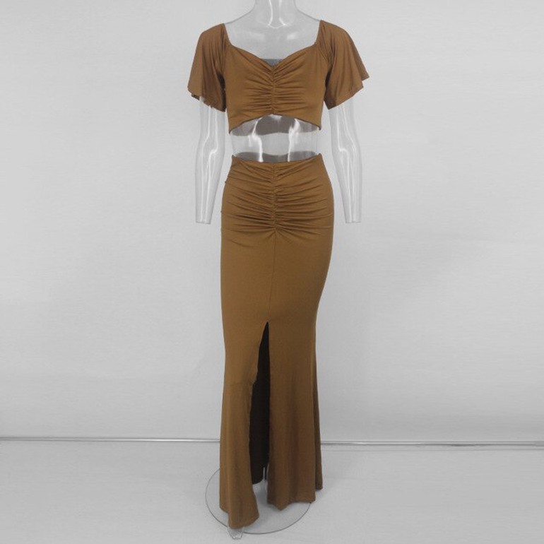 Yissang Women Crop Top And Split Maxi Skirts Sexy Two Piece Set 2019 Summer Outfits Fold 2 Piece Set