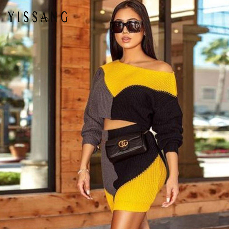Yissang Knitting Patchwork Sexy Two Piece Set Long Sleeve Crop Top And Mini Skirt Women Set Sweater 2 Piece Set Women Outfits