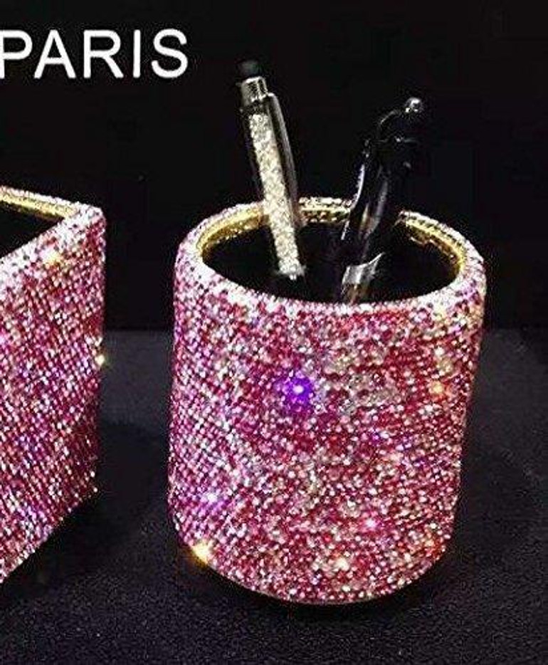 Beautiful Vanity Super Sparkle Bling Make Up Brush, Hair Brush, Cosmetic Holder Organizer Combo SET for Office, Shop, Bedroom or Bathroom USA (Pink)