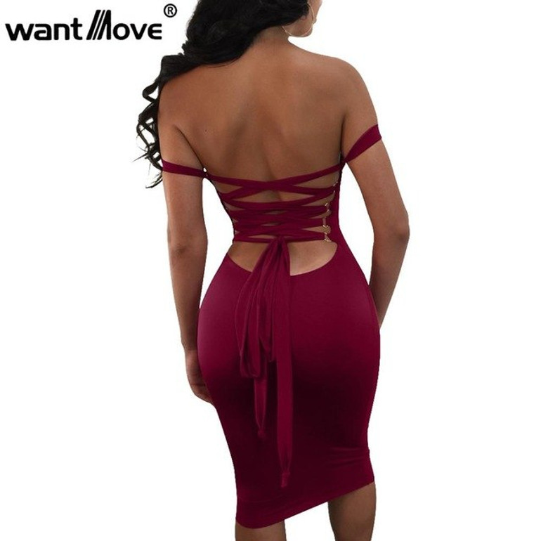 Wantmove 2018 summer fashion dress sexy off the shoulder back lace up midi dress women bodycon club dresses for women JZ102
