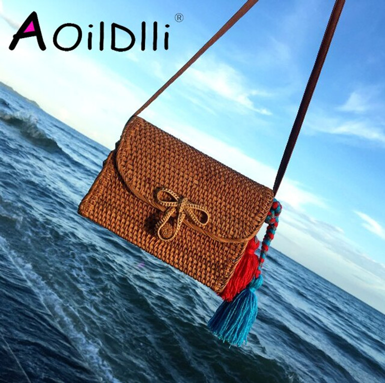 Bali Bohemia Beach Circle Bag Island Hand Woven Bag Square  buckle Rattan Straw Bags Satchel Wind  bag