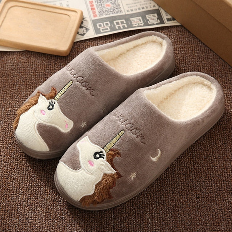 Winter House Fur Slippers Women Warm Cotton Shoes Cute Cartoon Hedgehog Unicorn Indoor Bedroom Non-slip Ladies Furry Slides