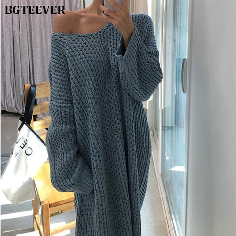 BGTEEVER Fashion Oversize Autumn Winter Long Sweater Dress Women Batwing Sleeve Female V-neck Loose Knitted Pullovers Dress Chic
