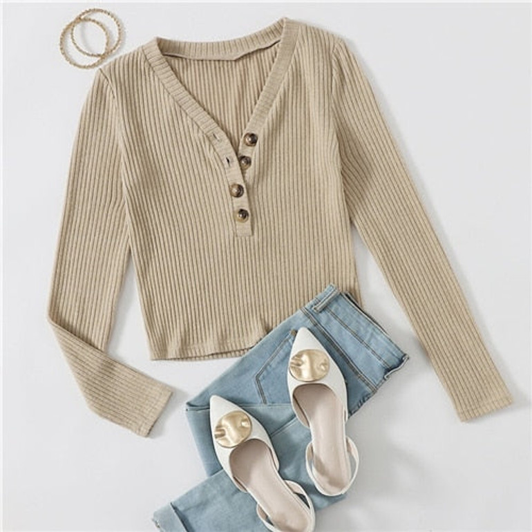 SHEIN Buttoned Placket V neck Rib Knitted Tee Women Autumn Tops Long Sleeve Solid Slim Fitted Casual T-shirts
