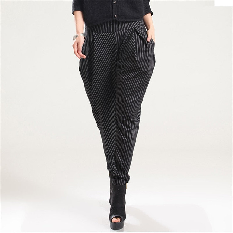 Women's Summer Wide leg Harem Pants High Waist Stripe European Streetwear Trousers Pockets Casual Pants Plus Size Slacks Elegant