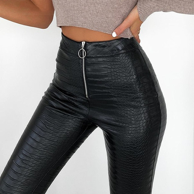InstaHot Elegant High Waist Faux Leather Pants Women Pencil Skinny Pants Office Ladies Trousers Casual Slim Black Capris 2019