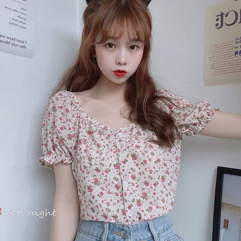 Women Summer Small Gentle Floral Print Square Collar Sweet Short Sleeve blouses Vintage Chiffon Shirt blusas mujer de moda