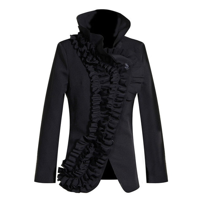 [EAM] Loose Fit Black Ruffles Split Asymmetrical Jacket New Stand Collar Long Sleeve Women Coat Fashion Spring Autumn 2020 1M005