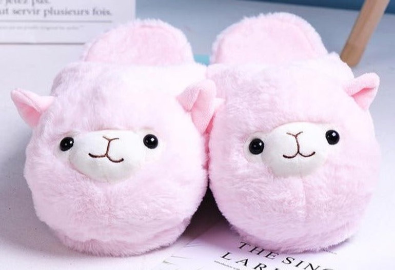 Cute Alpaca Home Women Fur Slippers Winter Warm Plush Furry Slippers