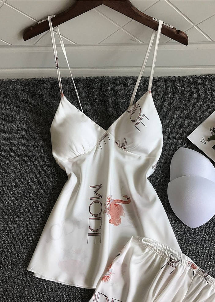 Flamingos Printed V-Neck Silk  Camisole  Lingerie Sleepwear Set/Free Shipping