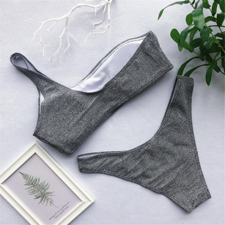 Sexy Shiny Glitter One Shoulder Thong Brazilian Bikini