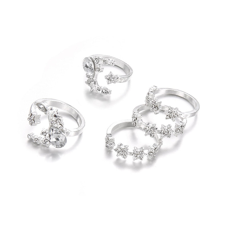 Moon Star Crystal Knuckle Boho Flower Ring