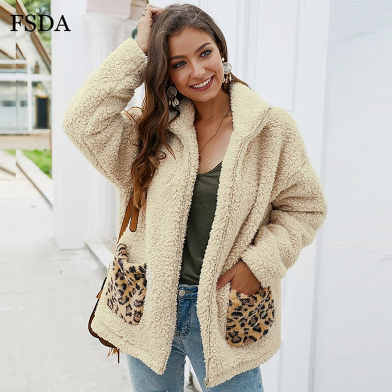 Leopard Patchwork Pocket Fur Jacket Coat Fluffy