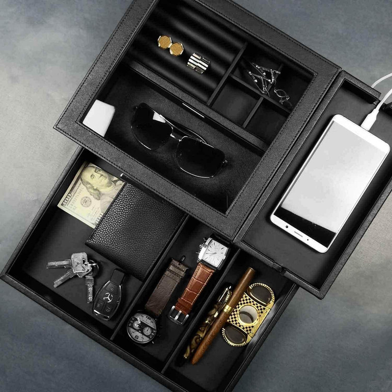 Lifomenz Co Mens Jewelry Box Valet Tray with Drawer and Charging Station Organizer,Nightstand Organizer for Men Jewelry Tray,Catchall Tray for Men Accessories Organizer