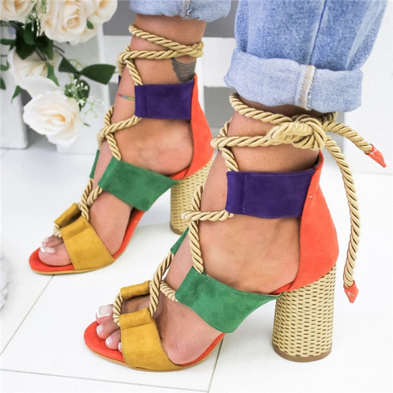 New Boho Sandals Women High Heel Peep Toe Lace Up Sandals