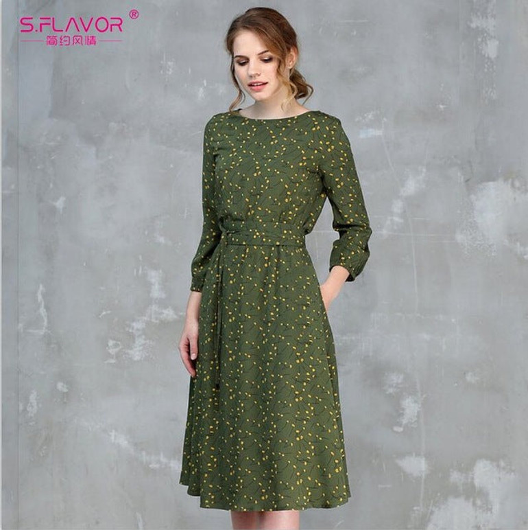 S.FLAVOR Spring Fashion Women A-line Dress O-neck Three Quarter Sleeve Knee-length Dress Female Elegant Printing Midi Vestidos