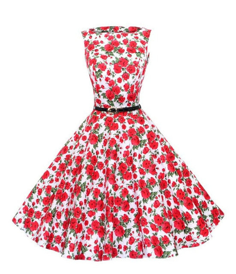 Red Roses Black and White Floral Dress With Belt